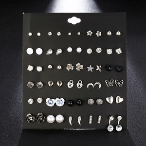 Detailed set of 30 pairs alloy stud earrings featuring rhinestone flowers and pearls