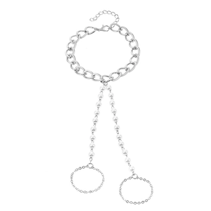 Silver layered pearl heart chain finger bracelet with adjustable rings in minimalist style