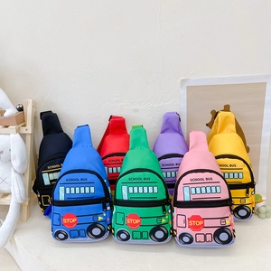 Colorful school bus cartoon chest bags for kids in seven vibrant various colors