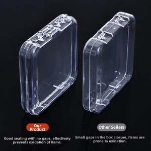 Close-up of square transparent flip-top storage boxes with dustproof seal on black surface