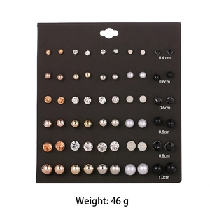 Set of 30 pairs fashion stud earrings with faux pearls and crystals on black card