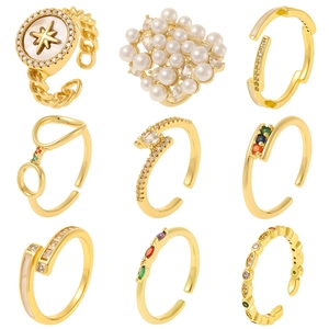 Copper Adjustable Open Rings For Women Gold Plated Micro Pave Zircon Elegant Fashion Jewelry Colorful Gemstone Artificial Pearl