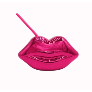 Gobelet rose en forme de lèvres avec finition miroir disco et paille assortie pour fête
