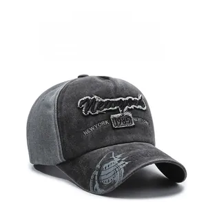 Detailed view of Newyork 1985 embroidery on washed denim vintage baseball cap