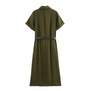 Army green lapel shirt dress for women with short sleeves and a waist belt, back view