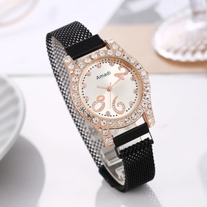 Women's rose gold quartz watch with rhinestone bezel and black magnetic mesh strap