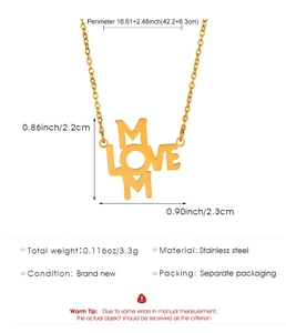 Detail view of gold stainless steel MOM LOVE necklace pendant with dimensions