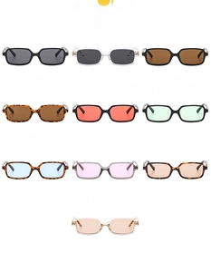 Detailed grid of rectangle sunglasses in 10 color variants from black to tortoiseshell