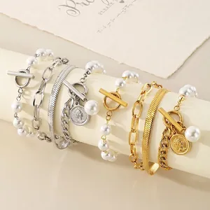 Edelstahl Schlangenkette Armband Mit Muschelperle Und Münzanhänger Mehrlagiger Stapelbarer Schmuck Für Damen