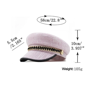 Pink tweed newsboy cap with gold chain and size measurements 58cm circumference