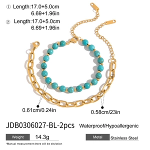 Detail showing turquoise bead bracelet and gold stainless steel chain with measurements