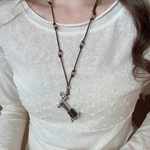 Dachshund Dog And Heart Pendant Necklace Alloy Hammered Texture Long Adjustable Wax Rope Sweater Chain For Women