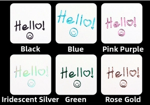 Close-up of six metallic ink markers showing vibrant colors and shimmering finish