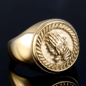 Minimalist stainless steel praying hands signet ring with gold-plated finish for men