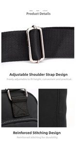 Detail view of adjustable nylon shoulder strap with silver buckle and reinforced stitching