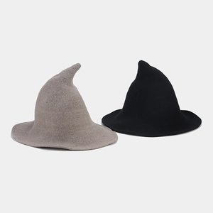 Foldable knitted witch hats in black and grey for Halloween costumes and autumn winter fashion