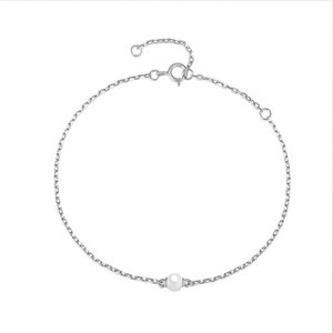 Elegant 925 sterling silver chain bracelet with a single round white pearl and spring clasp