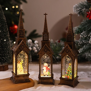 Set of 3 vintage bronze Christmas lantern snow globes with LED lights on snowy base