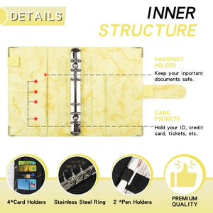 Detail view of yellow marble PU leather A6 binder with card slots and passport holder