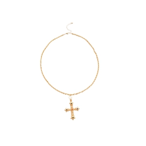 Retro gold cross necklace with colorful crystals and twisted chain on white background