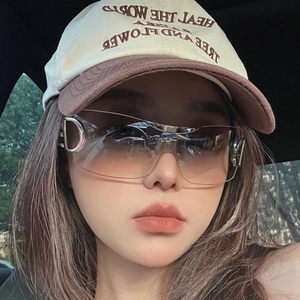 Detail of round half-frame blue light glasses with stylish baseball cap in a car setting