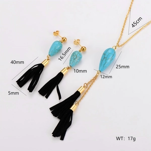 Parure de bijoux vintage en acier avec pendentif turquoise et détails glands noirs