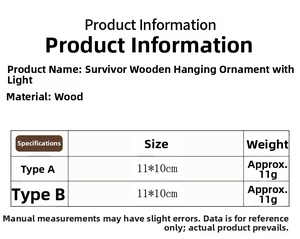 Size chart for wooden hanging pendants with light showing product material and dimensions