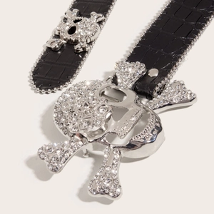 Punk style black crocodile pattern leather belt featuring shiny skull rhinestone buckle