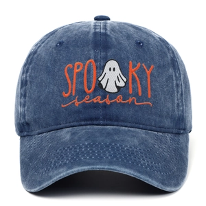 Distressed blue denim baseball cap with ghost embroidery and Spooky Season text