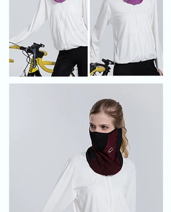 Detail of red and black sun protection cycling mask with breathable mesh and sport logo