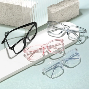 Retro square anti-blue light glasses frames in four transparent colors on white platforms