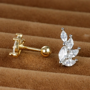 Leaf shaped zirconia stud earrings with screw back ball and polished stainless steel finish