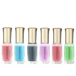 Set of six colorful translucent jelly nail polishes with gold caps in diverse pastel shades