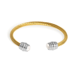 Two-tone gold cable twisted cuff bracelet with silver ends and sparkling crystals