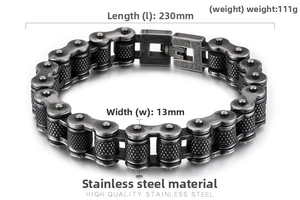 Macro detail of 316L stainless steel bike chain bracelet with knurled mechanical links