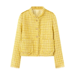 Elegant yellow tweed jacket for women featuring fringe edges and metal buttons
