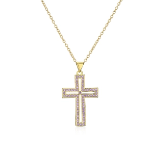 Detail of 18K gold-plated cross necklace featuring small purple cubic zirconia stones
