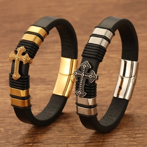 Vintage titanium steel and black leather cross bracelets for men with magnetic clasp