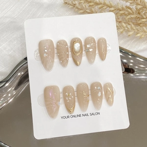 Almond Press On Nails Nude Cat Eye Handmade French Elegant Luxury Artificial Pearl Gold Foil Decor Artificial Finger Nails Women
