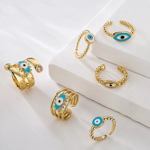 Evil Eye Adjustable Open Ring Copper 18K Gold Plated Enamel Zircon Geometric Bohemian Jewelry For Women