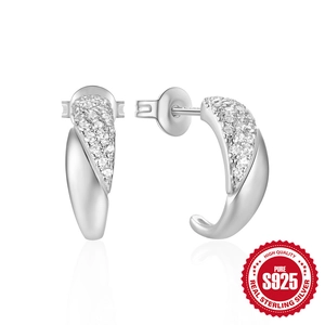 Polished S925 sterling silver C-shape earrings with micro-pave white zircon stones