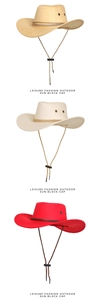 Chapeaux de cowboy en kaki, beige et rouge avec bandes tressées et cordons coupe-vent