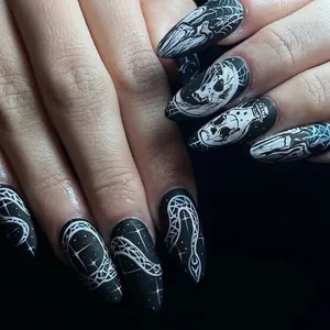 Matte Black Press On Nails Gothic Skull Snake Pattern Long Almond False Nails Halloween Party Dark Style Women