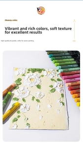 Detailed impasto texture of colorful oil pastels showing thick embossed floral patterns