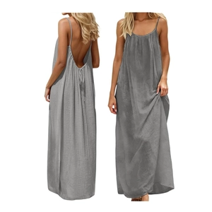 Close-up of gray ice silk backless maxi dress with thin straps and gathered details