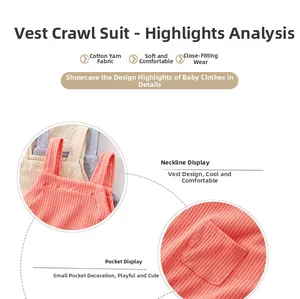 Detail of ribbed cotton baby romper featuring a chest pocket and soft breathable knit fabric