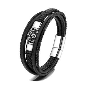 Multilayer black braided leather bracelet with a silver lion head and magnetic clasp