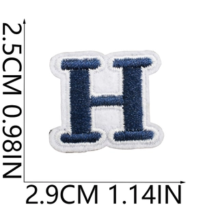Mini embroidered letter H patch in navy blue and white, 2.5cm x 2.9cm size