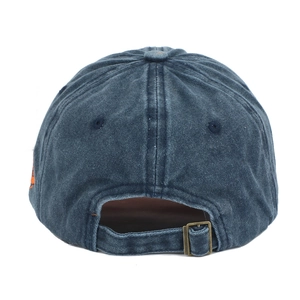 Detail of navy washed cotton baseball cap showing adjustable metal buckle and strap