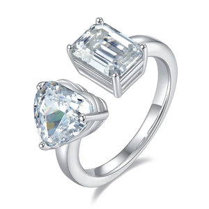 S925 sterling silver adjustable ring with heart and emerald cut moissanite stones